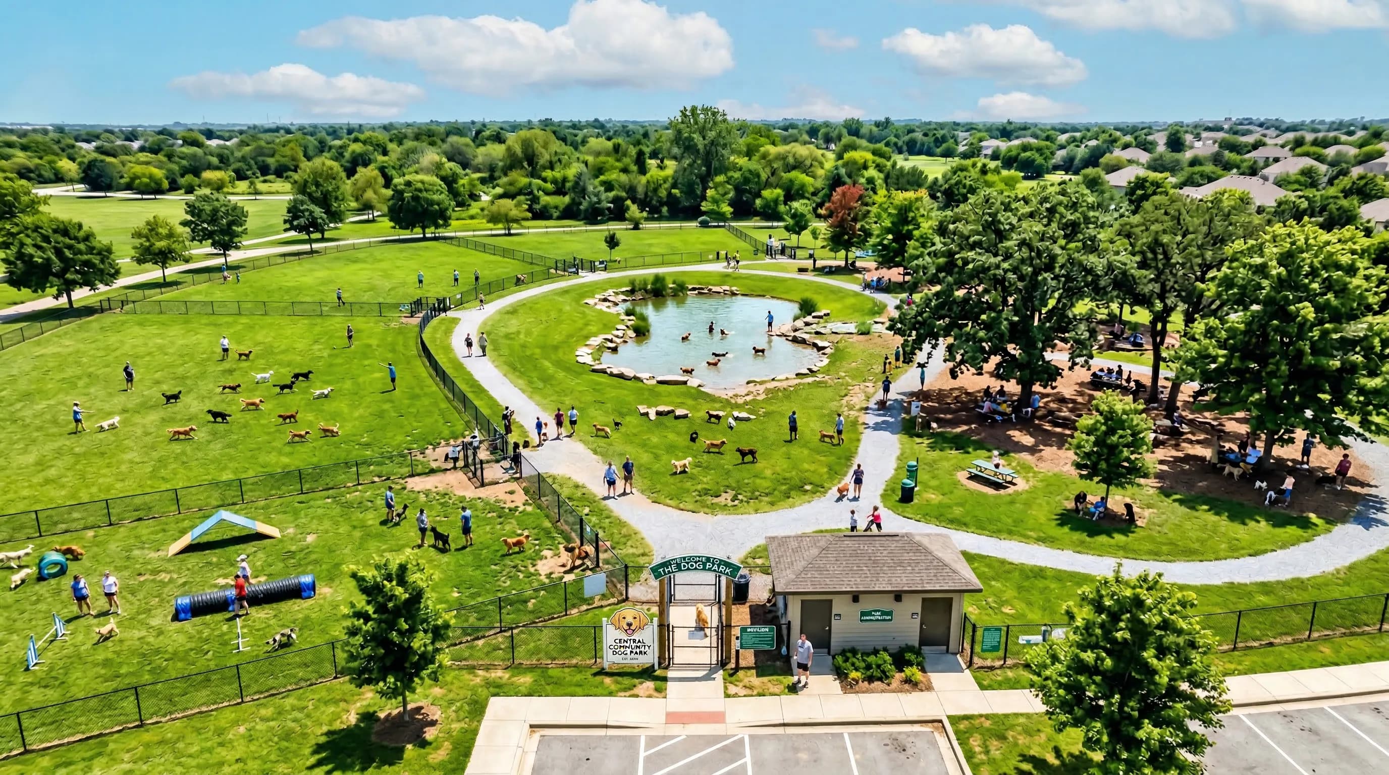 Aerial view of a beautiful dog park