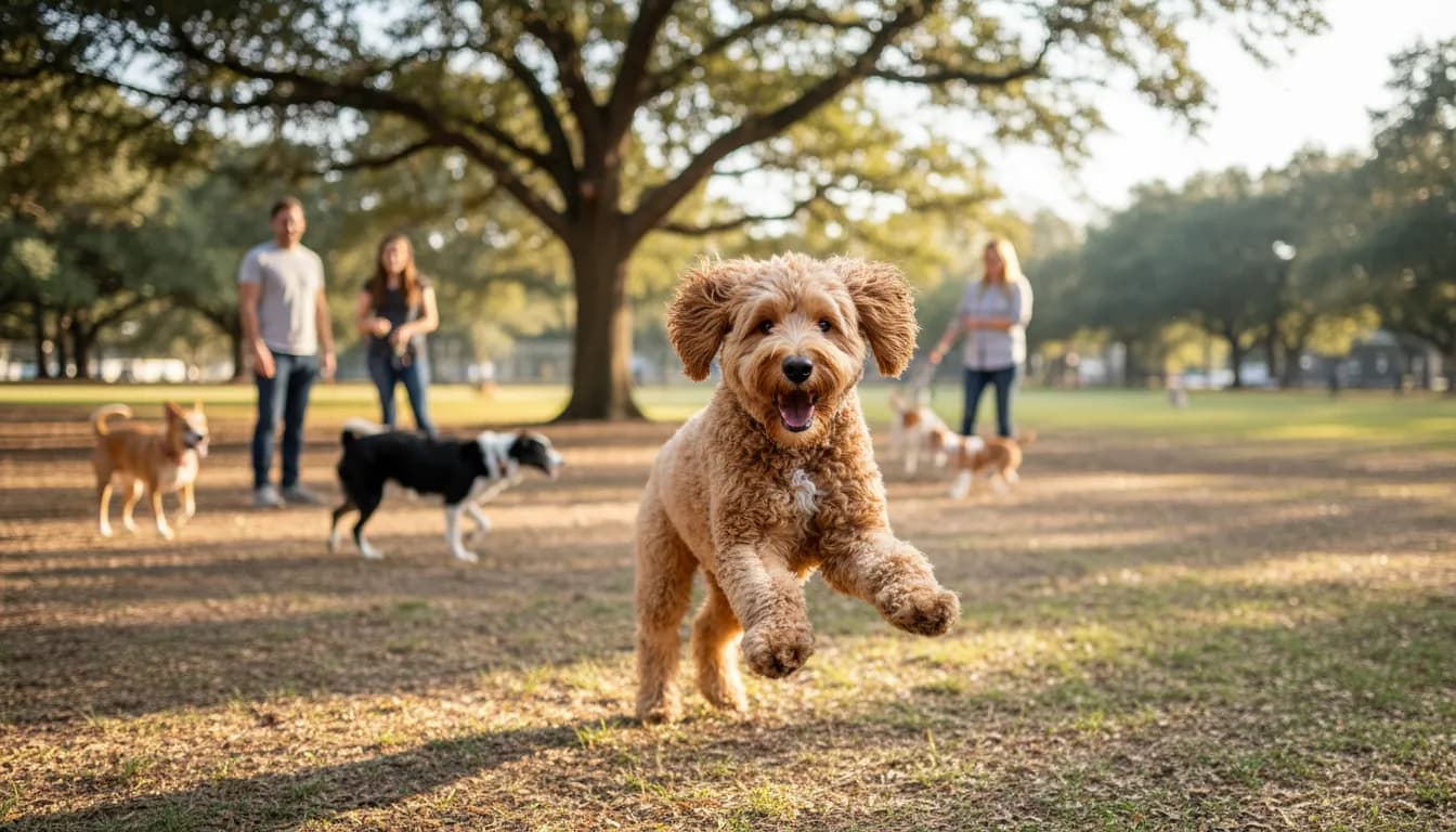 Charismatic golden doodle frolicking amidst a sunlit busy dog park filled with lively energy