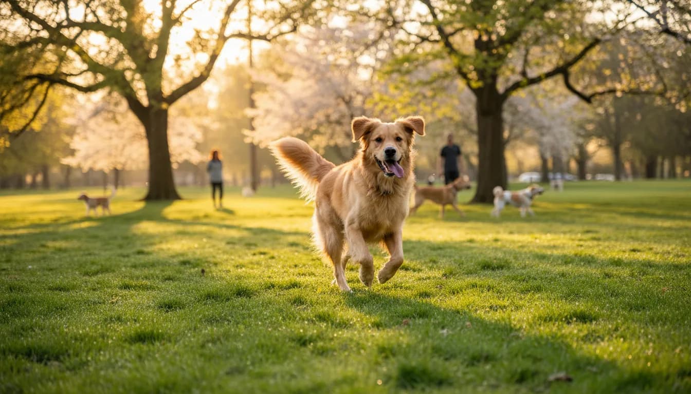 Playful dog wagging tail in lush, sunlit dog park with trees surrounding its joyful leap