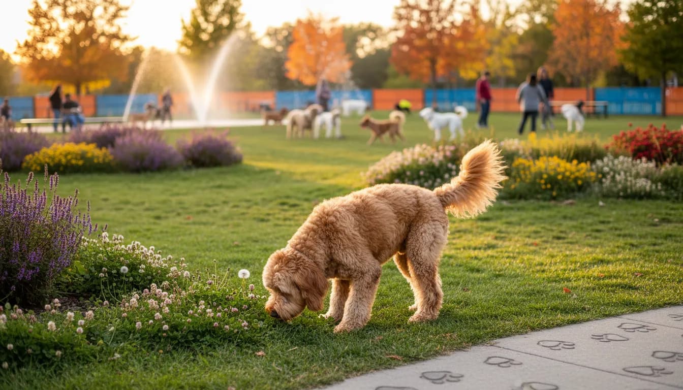 Golden doodle sniffing curiously in a vibrant dog park setting