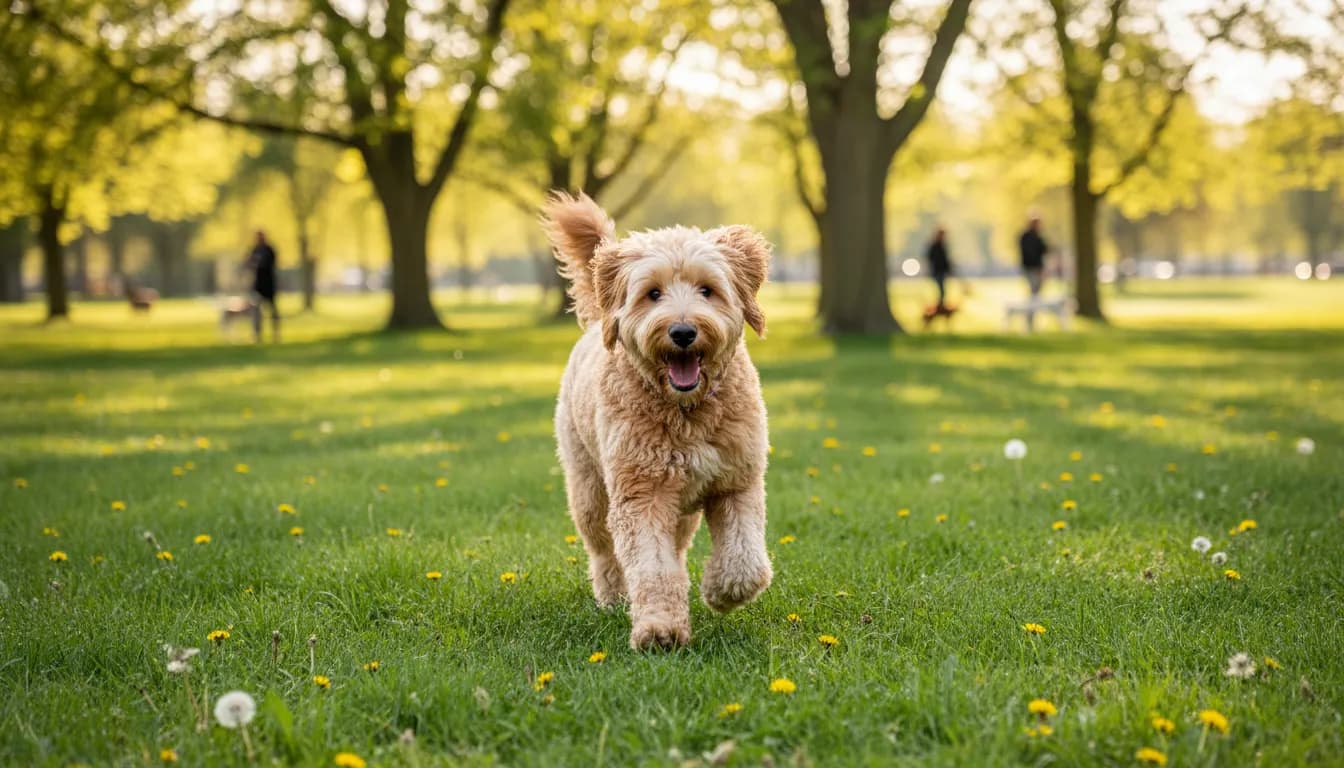 Cheerful golden doodle wagging tail in sunny park with vibrant green grass and leafy trees