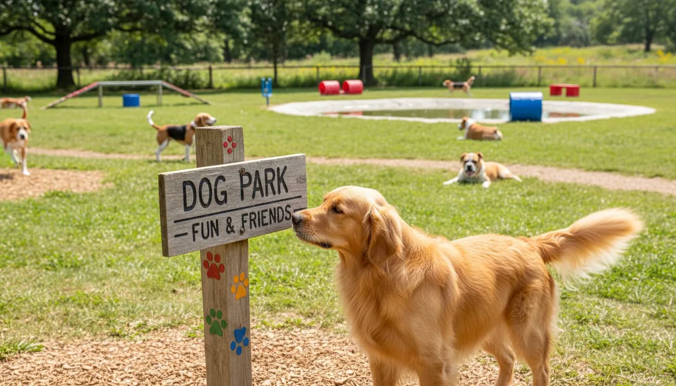 Playful dog sniffing happily in vibrant park with frolicking pups on grassy field