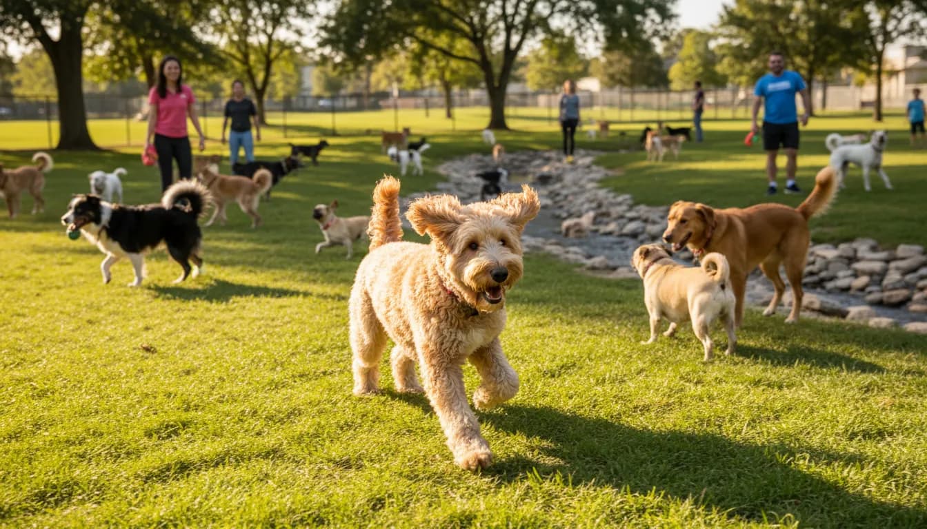Golden doodle sprinting joyfully across a vibrant sunny dog park brimming with energy and playful zoomies