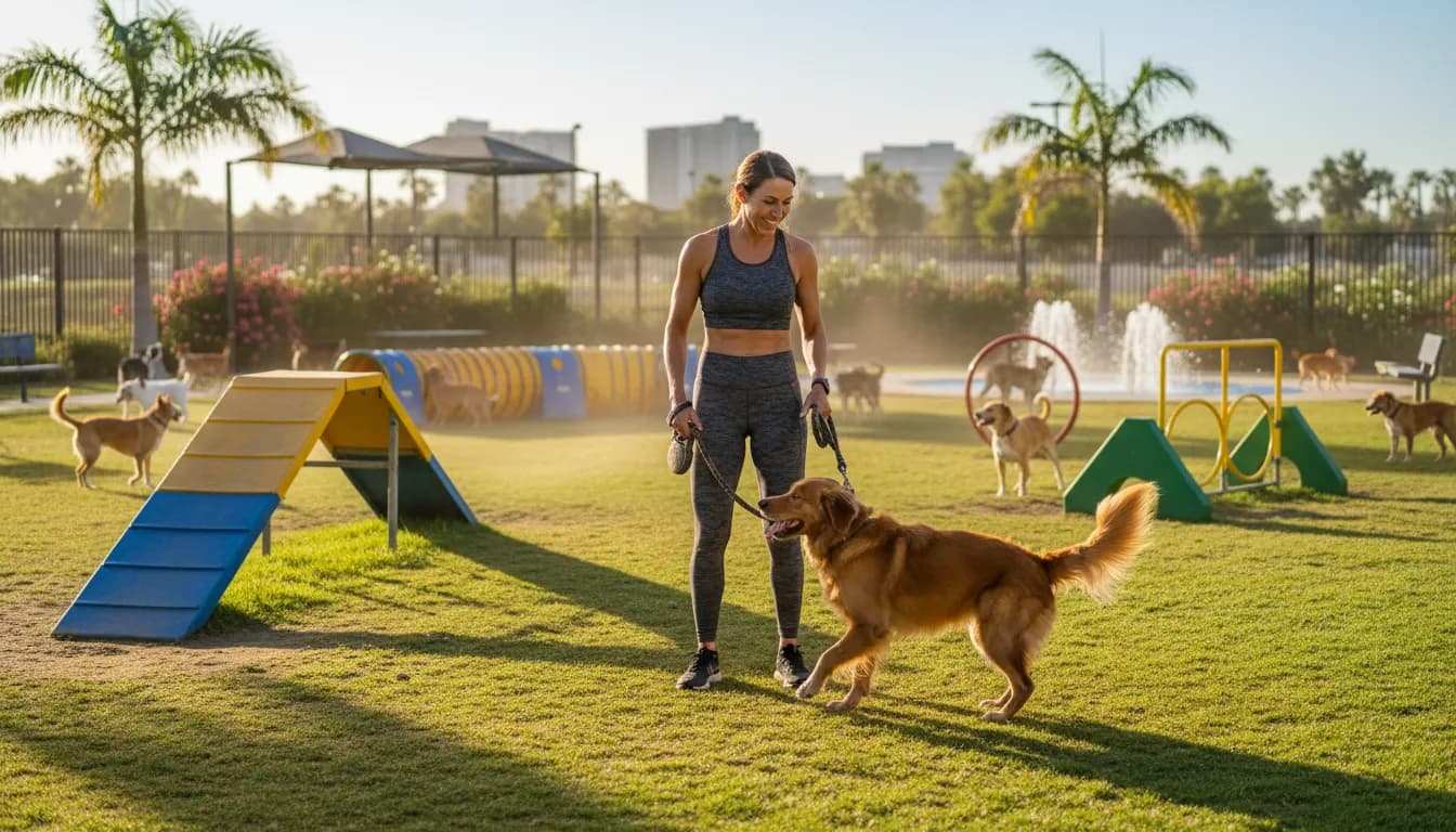 Dog owner assessing vibrant park while playful dog explores sunny grounds