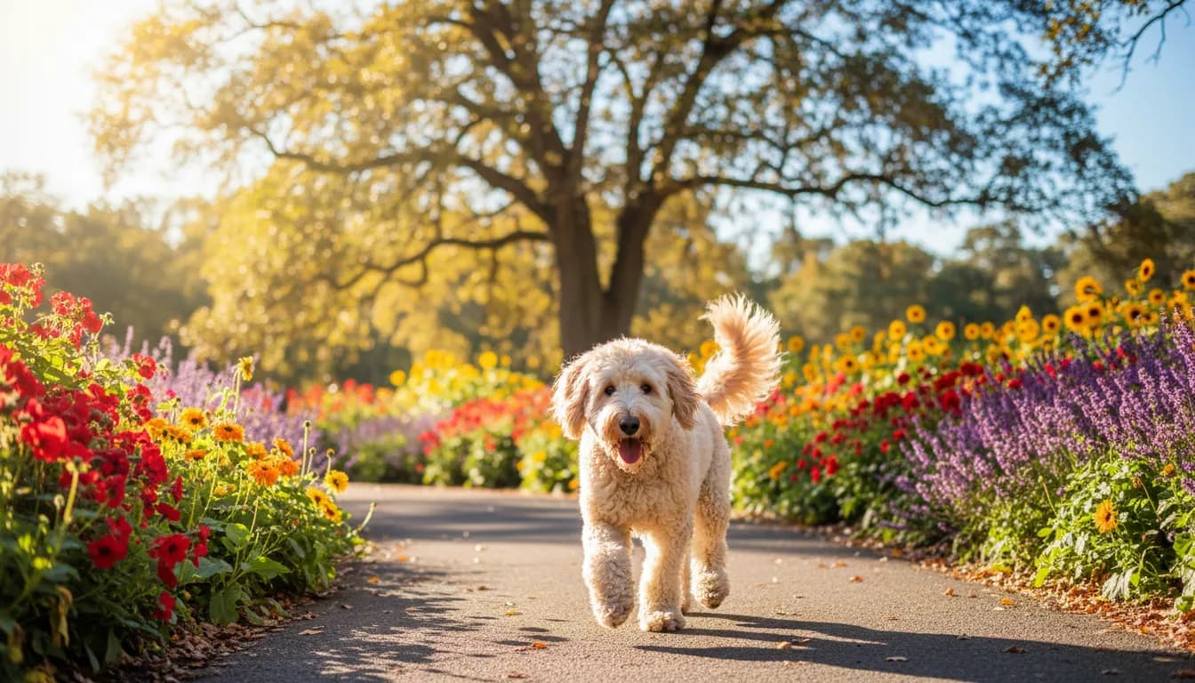 Energetic doodle dog exploring vibrant park with wagging tail under sunny skies