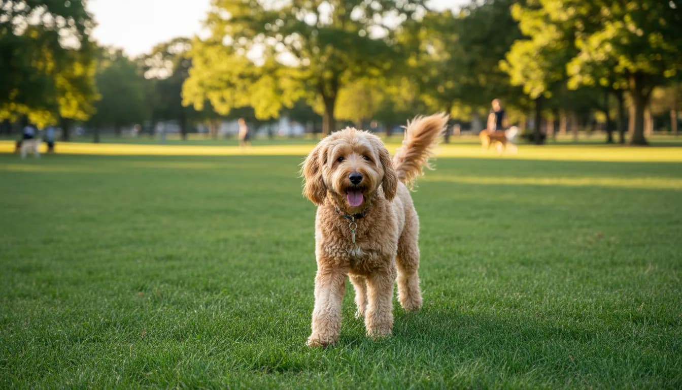 Golden doodle wags tail in a sunlit park with lush green grass exuding a cheerful vibe