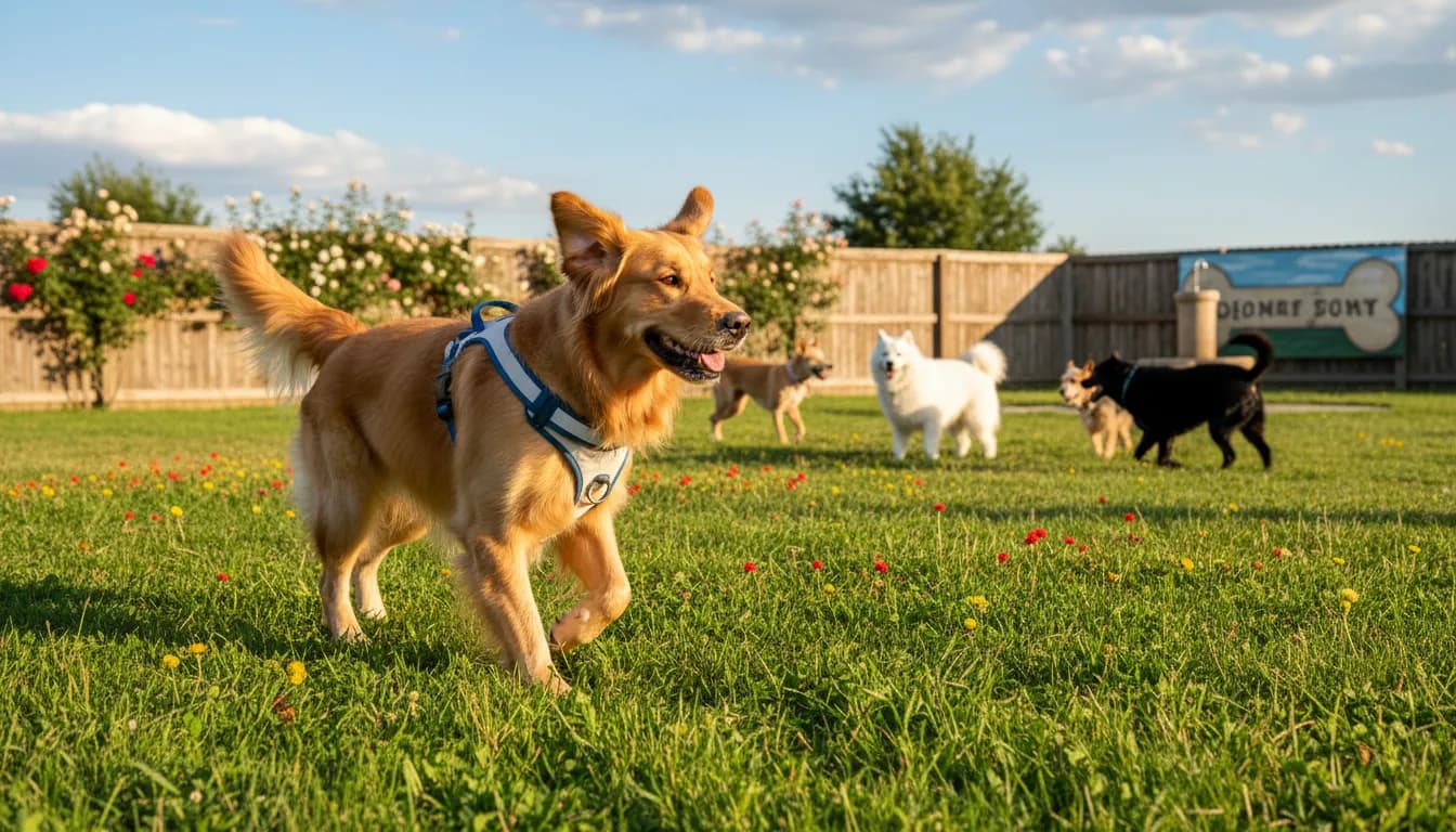 Playful dog guide exploring a vibrant local dog park with eager curiosity