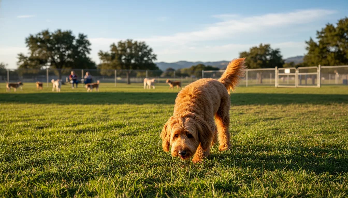 Golden doodle exploring sunny grassy park, curiously sniffing playful scents while on a daytime adventure